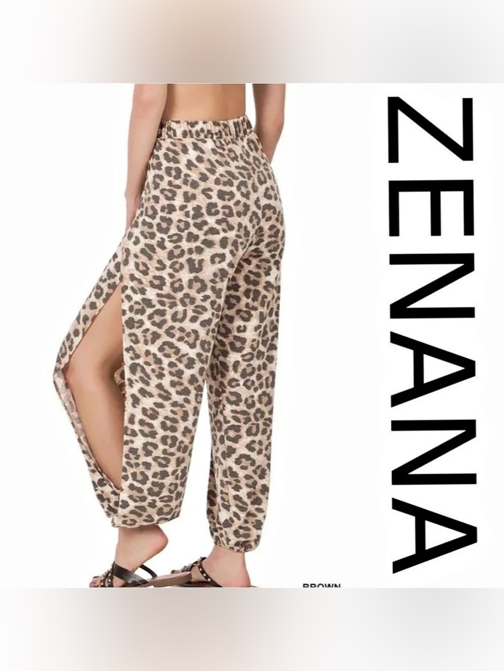 Zenana Leopard Print High Slit Cinch Bottom Pants in Brown & Cream NWT